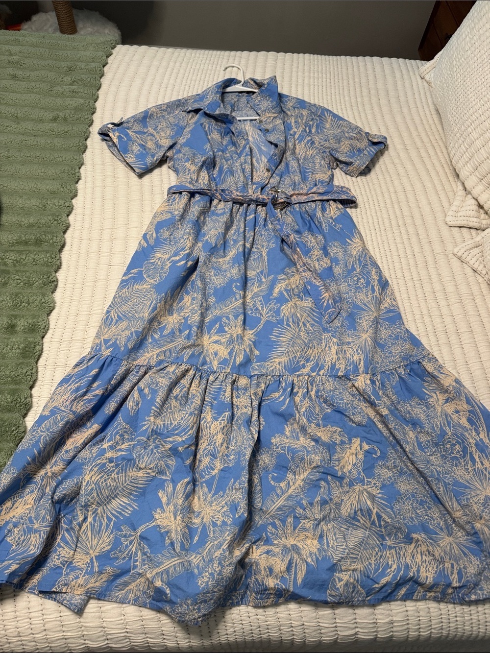 1 State Blue Tropical Print Tiered Button-Front Maternity Dress